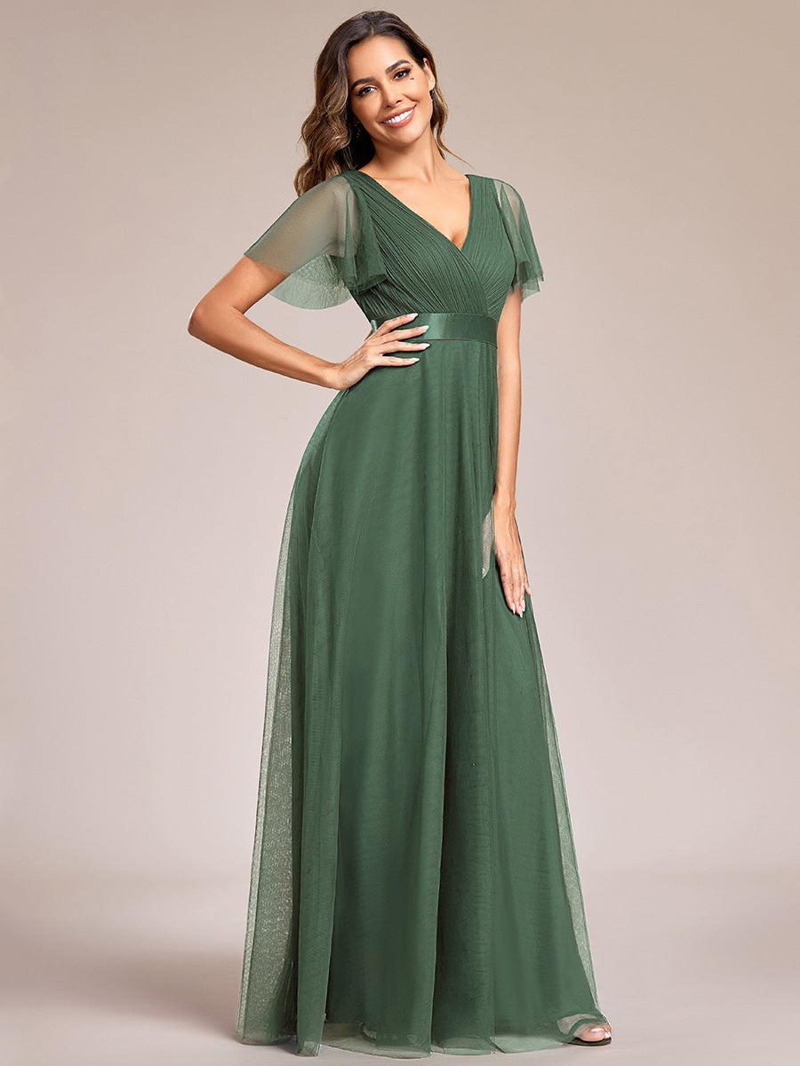 Double V-Neck Floor-Length Short Sleeve Tulle Bridesmaid Dresses #color_Eucalyptus