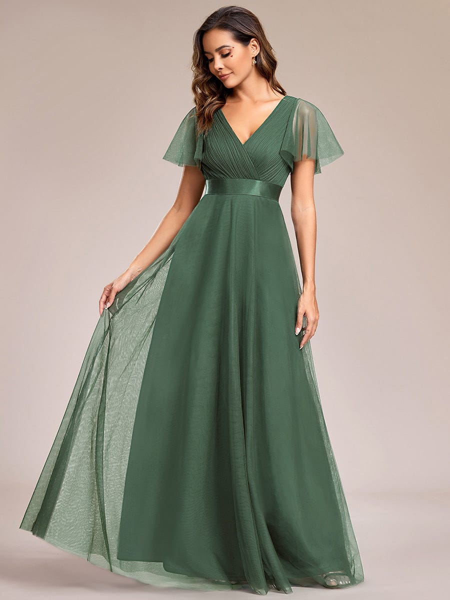 Double V-Neck Floor-Length Short Sleeve Tulle Bridesmaid Dresses #color_Eucalyptus