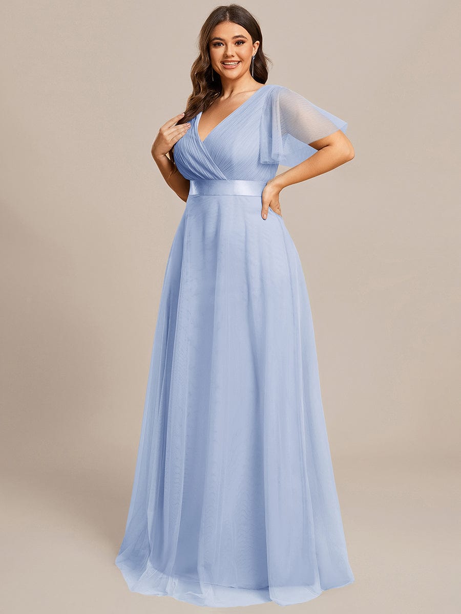 Double V-Neck Floor-Length Short Sleeve Tulle Bridesmaid Dresses #color_Ice Blue