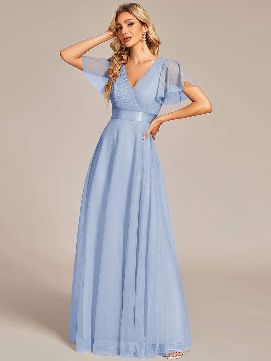 Double V-Neck Floor-Length Short Sleeve Tulle Bridesmaid Dresses #color_Ice Blue