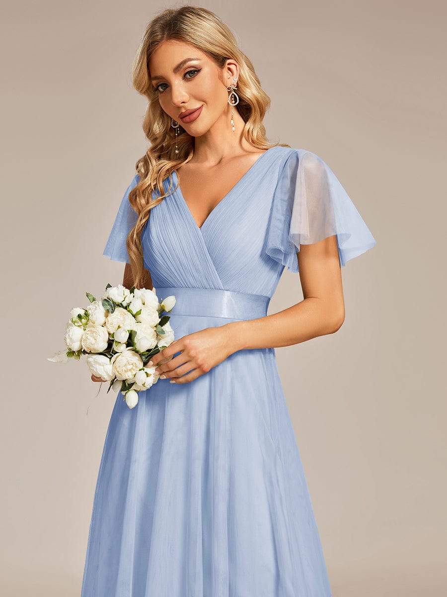 Double V-Neck Floor-Length Short Sleeve Tulle Bridesmaid Dresses #color_Ice Blue