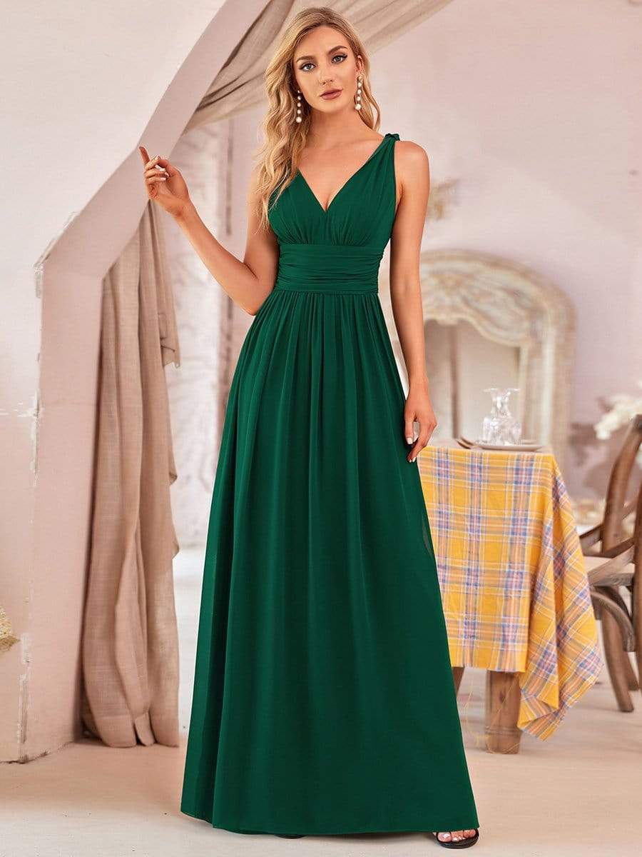 Pleated Sleeveless V-Neck Chiffon Maxi Dress #color_Dark Green