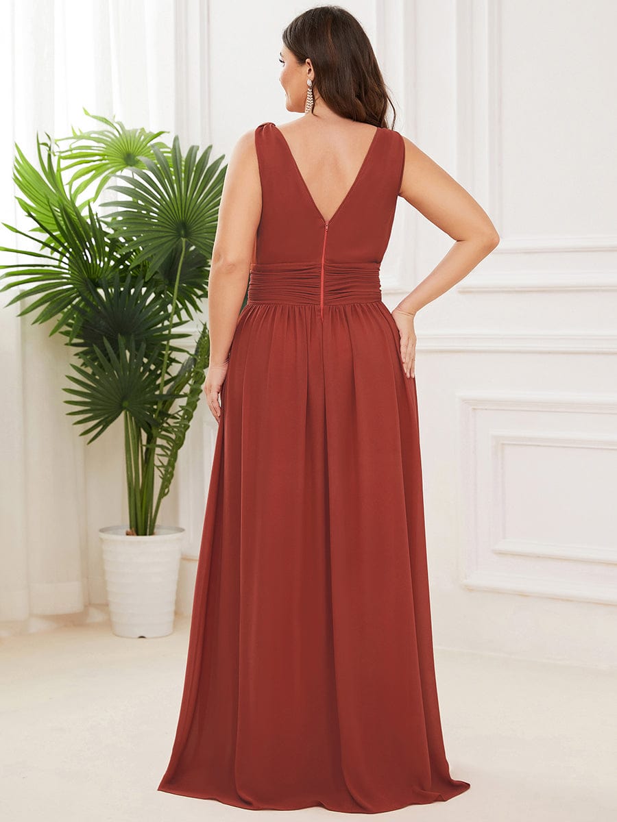 Chiffon Empire Waist Sleeveless Pleated V-neck Bridesmaid Dress #color_Vermilion