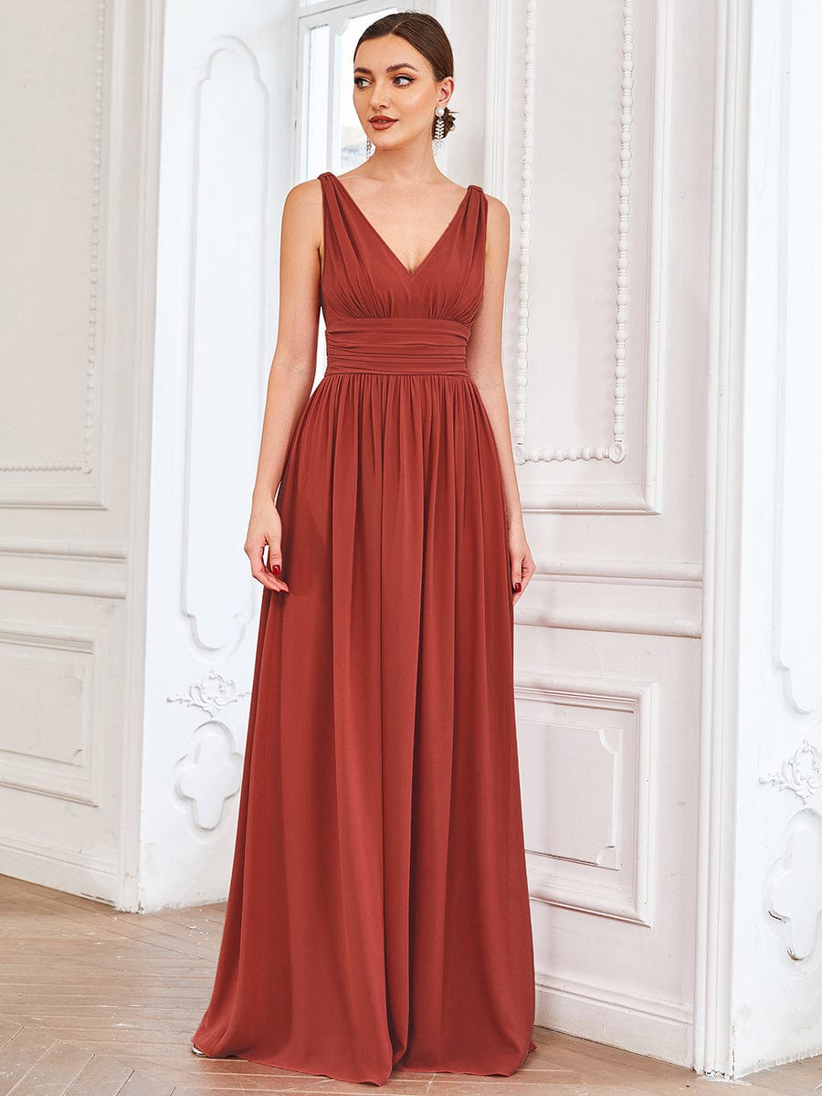 Chiffon Empire Waist Sleeveless Pleated V-neck Bridesmaid Dress #color_Vermilion