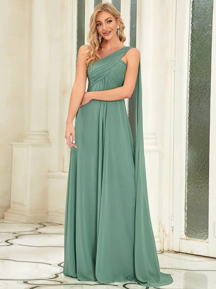Pleated One Shoulder Long Chiffon Evening Dress #color_Green Bean