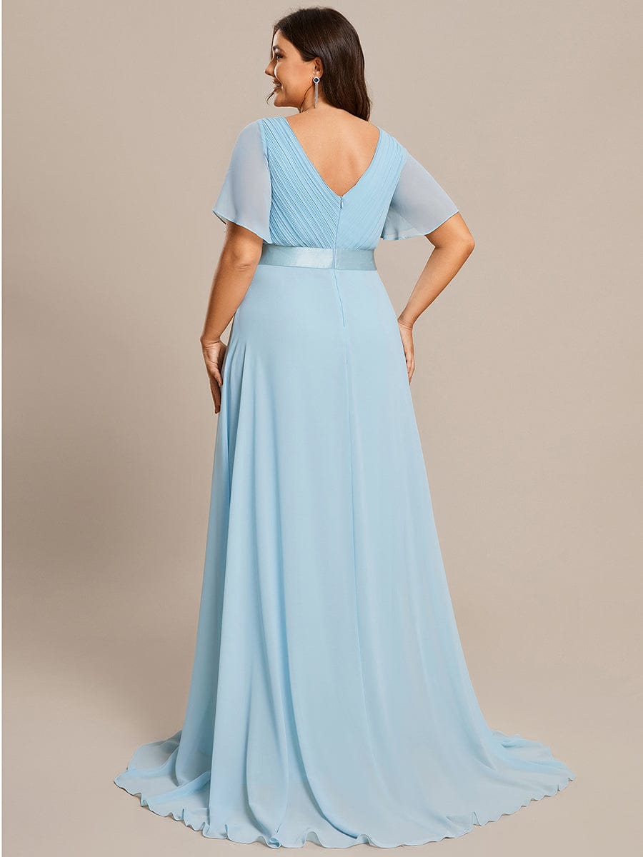 Plus Size Long Empire Waist Evening Dress With Short Flutter Sleeves #color_Sky Blue