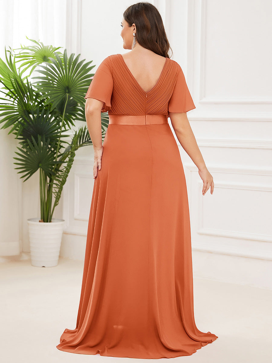 Plus Size Long Empire Waist Evening Dress With Short Flutter Sleeves #color_Brandied Melon