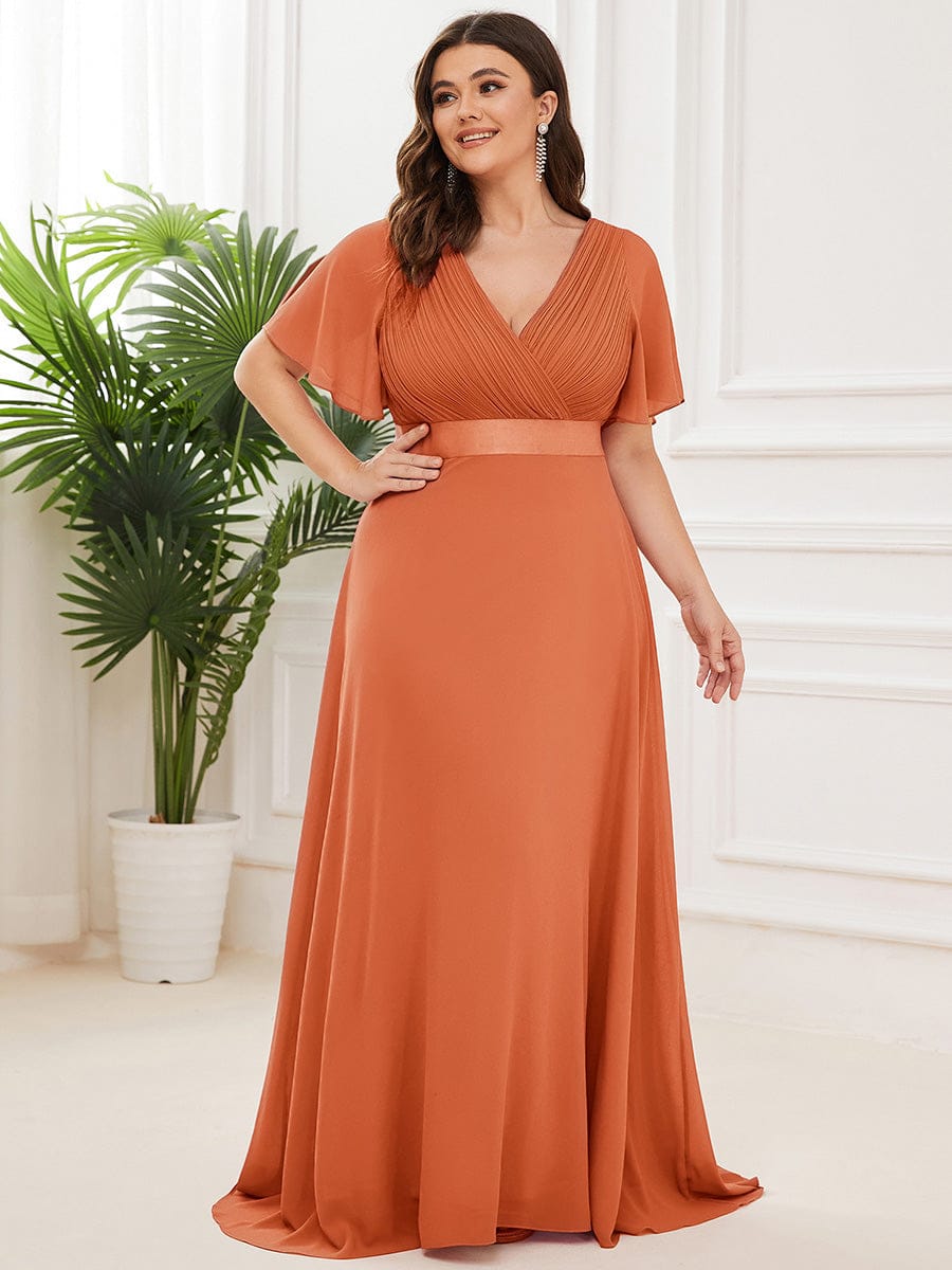 Plus Size Long Empire Waist Evening Dress With Short Flutter Sleeves #color_Brandied Melon