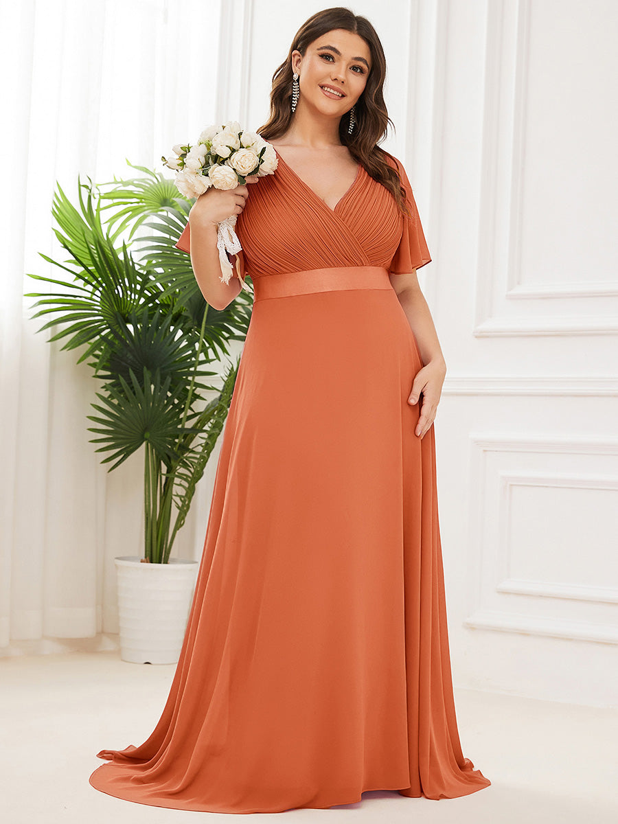 Plus Size Long Empire Waist Evening Dress With Short Flutter Sleeves #color_Brandied Melon