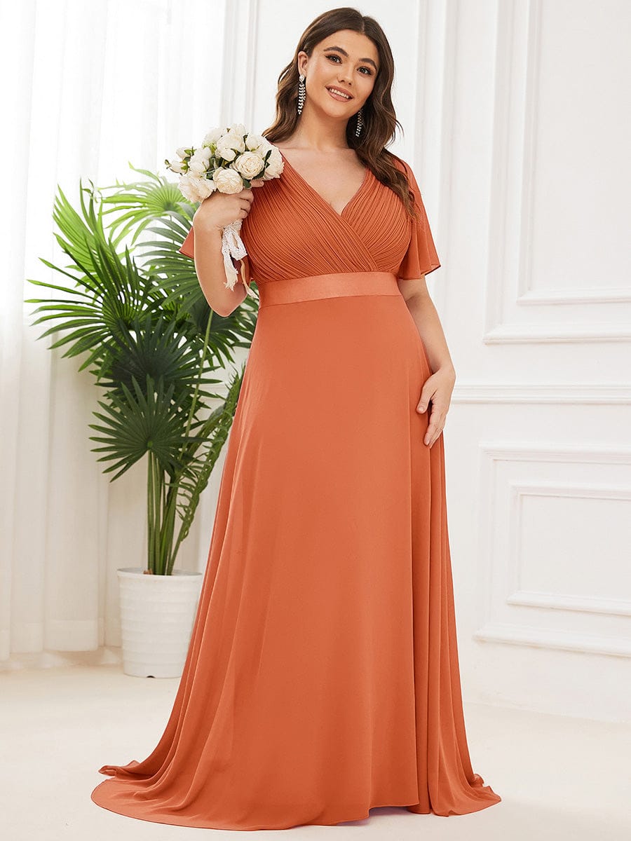 Long Empire Waist Evening Dress with Short Flutter Sleeves #color_Brandied Melon