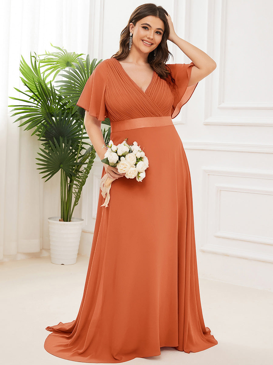 Plus Size Long Empire Waist Evening Dress With Short Flutter Sleeves #color_Brandied Melon