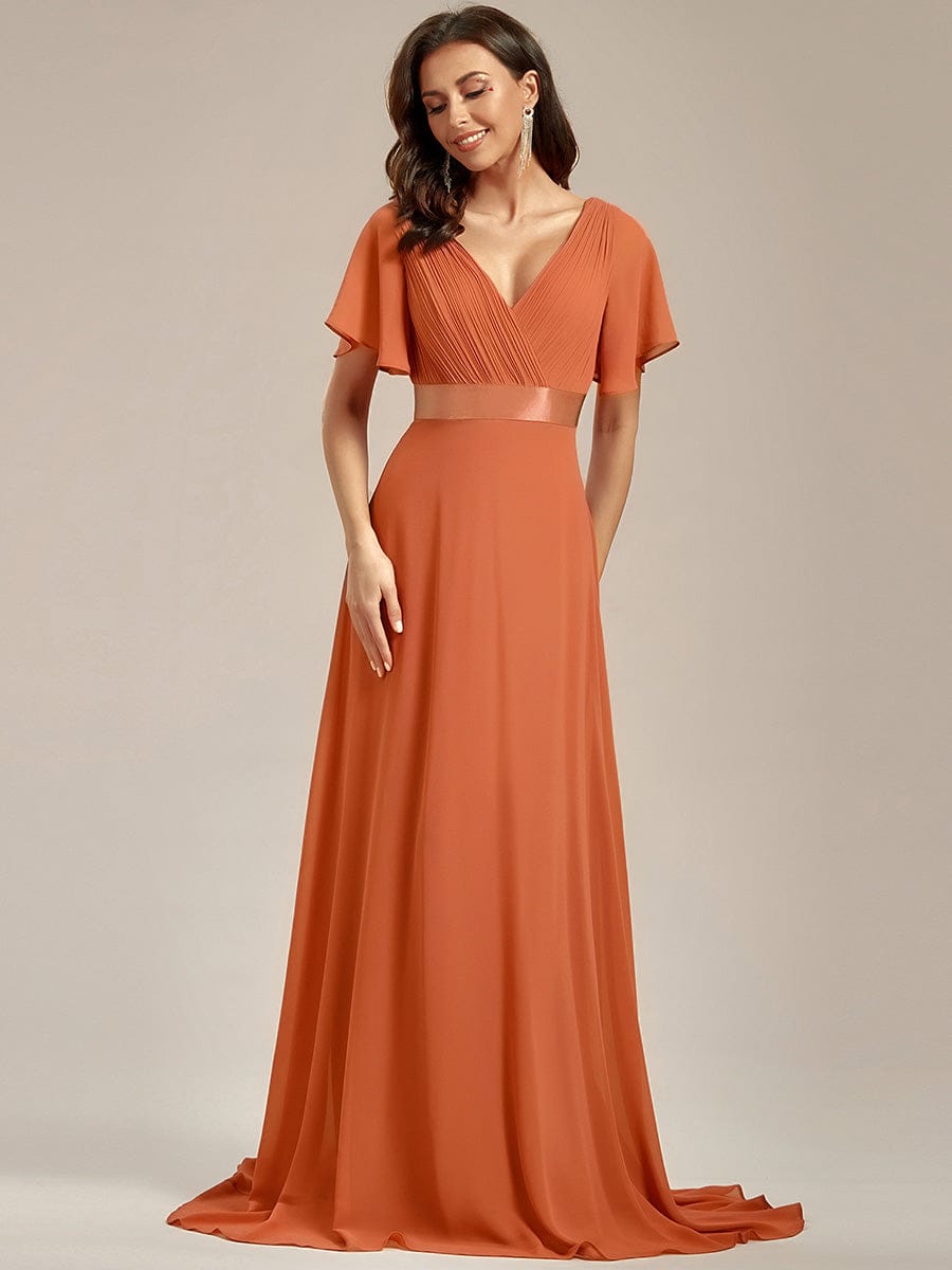Long Empire Waist Evening Dress with Short Flutter Sleeves #color_Brandied Melon