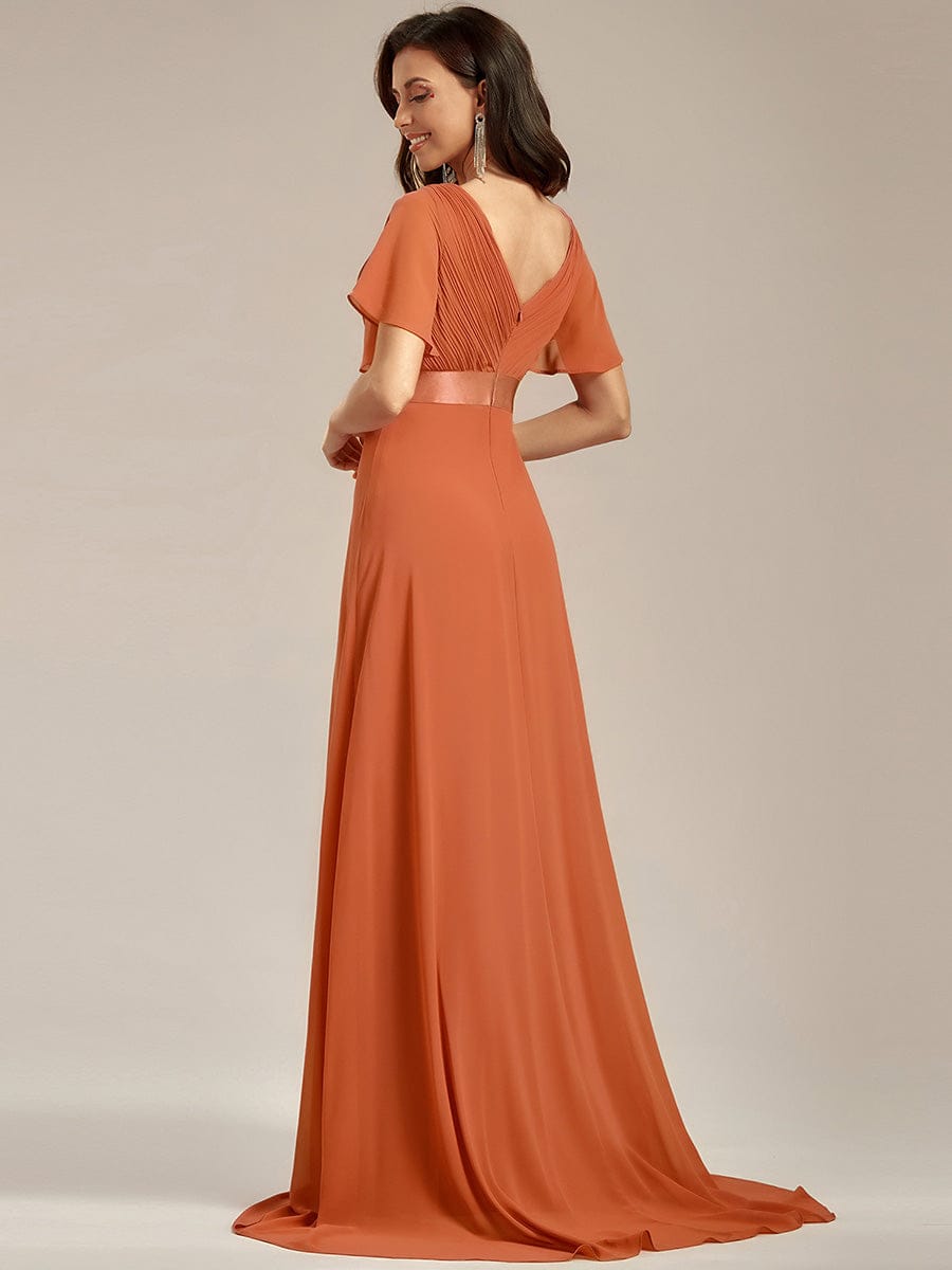 Long Empire Waist Evening Dress with Short Flutter Sleeves #color_Brandied Melon
