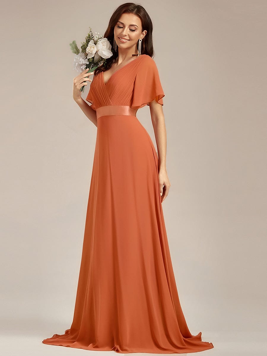 Long Empire Waist Evening Dress with Short Flutter Sleeves #color_Brandied Melon