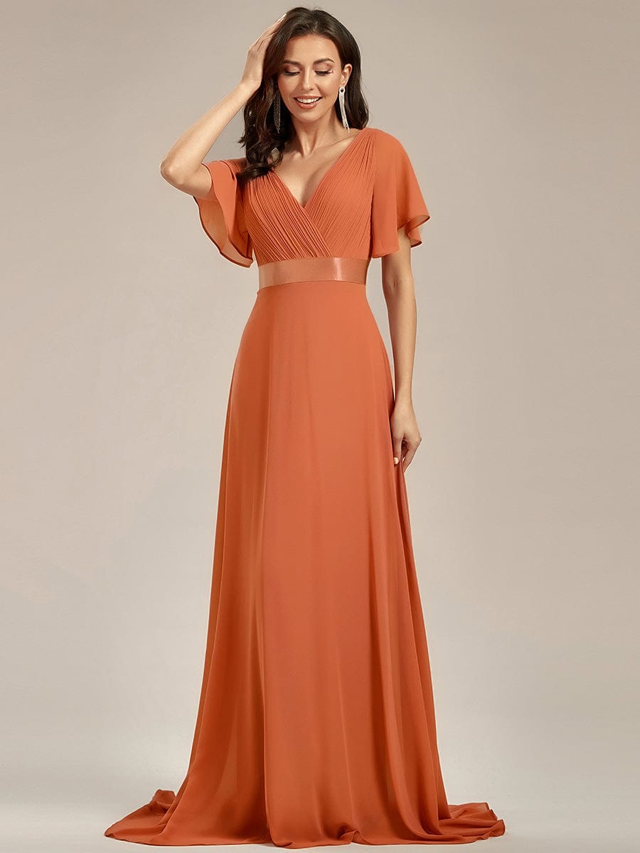 Long Empire Waist Evening Dress with Short Flutter Sleeves #color_Brandied Melon