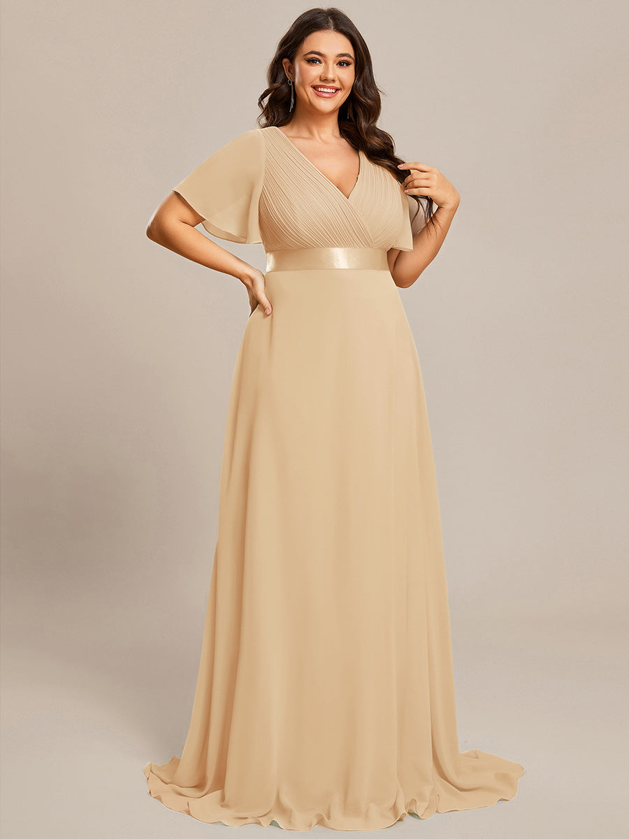 Plus Size Simple Empire Waist Flutter Sleeve Evening Dress #color_Champagne