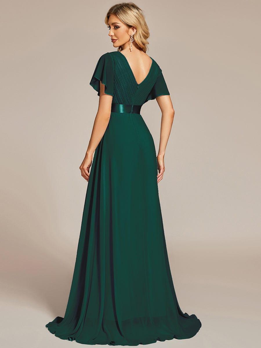 Long Chiffon Empire Waist Bridesmaid Dress with Short Flutter Sleeves #color_Dark Green
