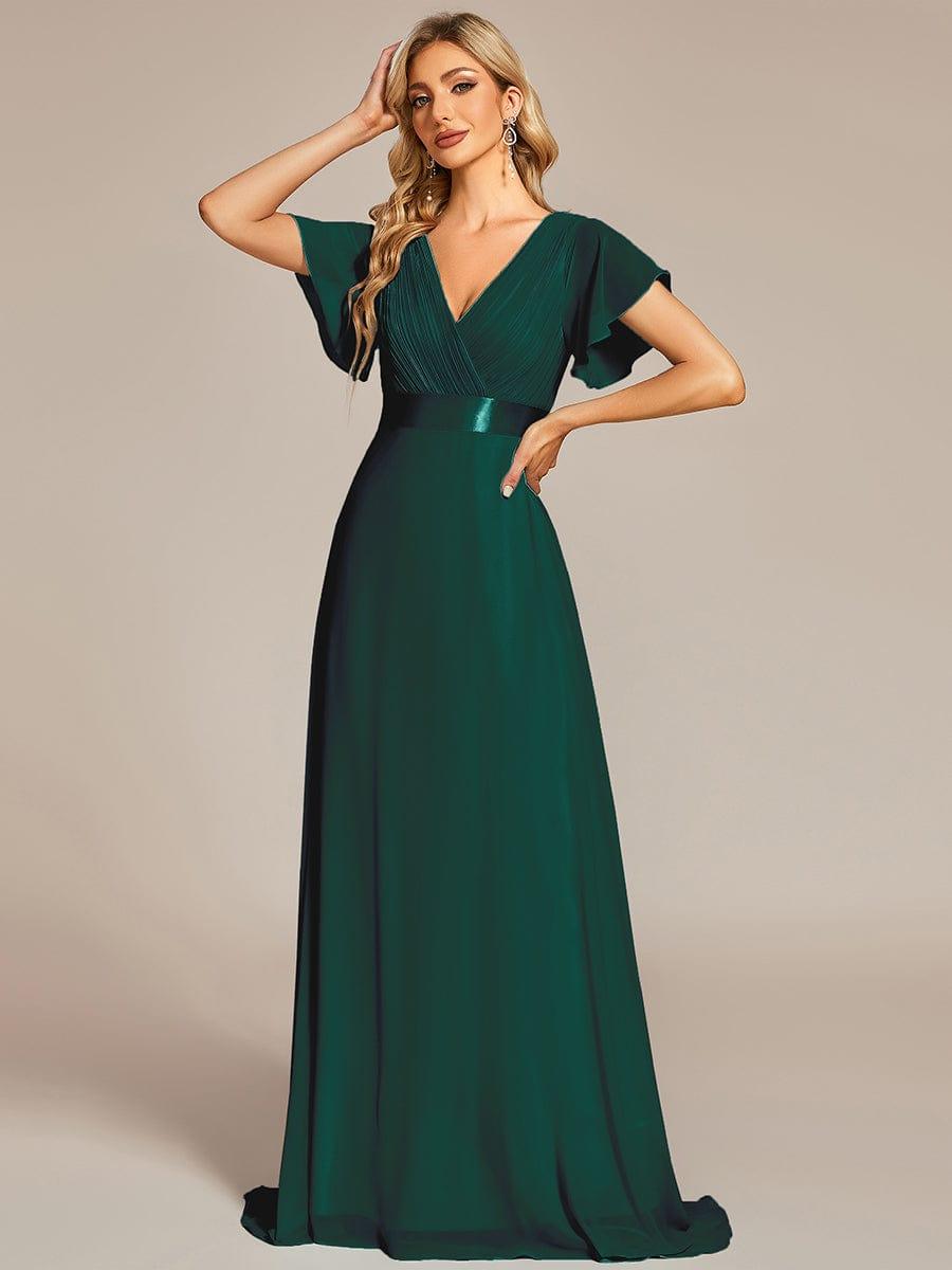 Long Chiffon Empire Waist Bridesmaid Dress with Short Flutter Sleeves #color_Dark Green