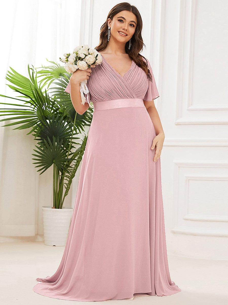Plus Size Long Empire Waist Evening Dress With Short Flutter Sleeves #color_Dusty Rose