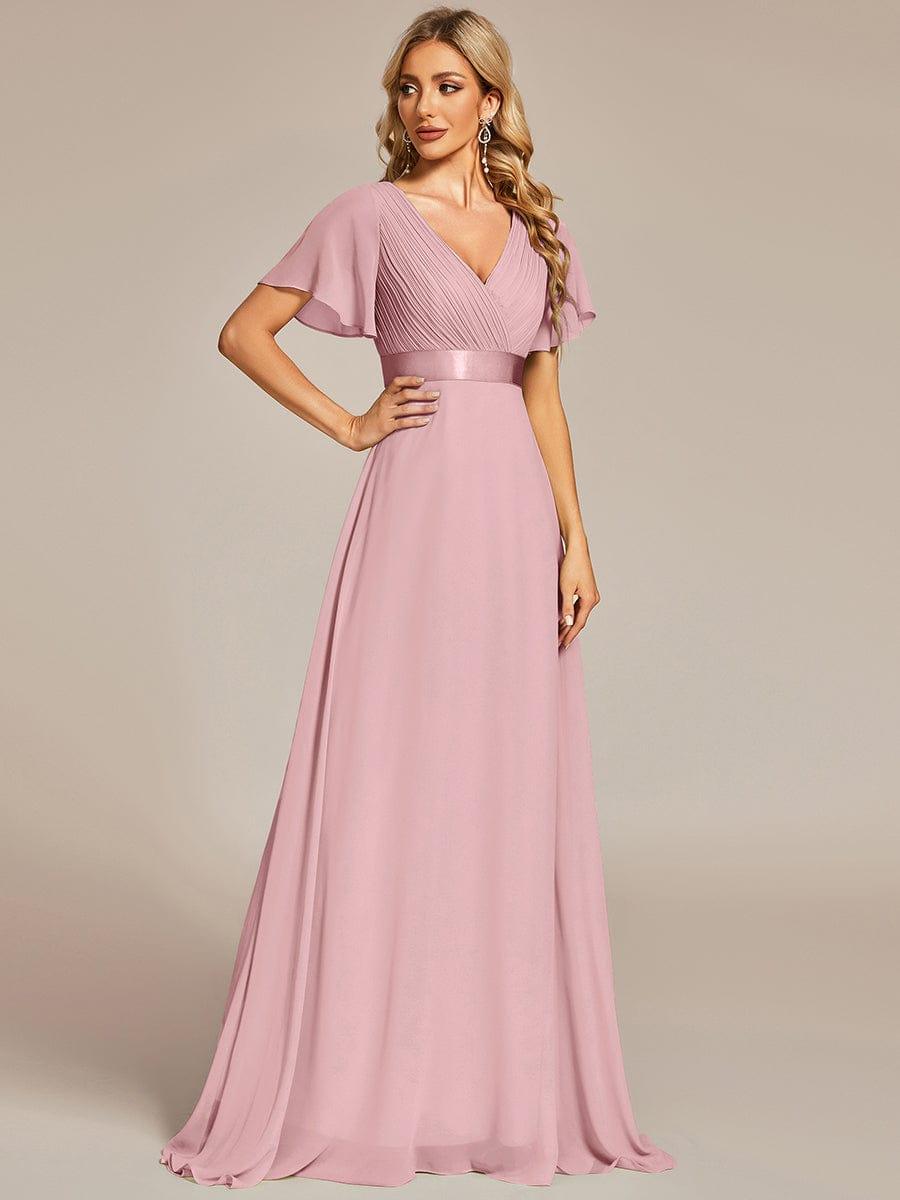 Long Empire Waist Evening Dress with Short Flutter Sleeves #color_Dusty Rose