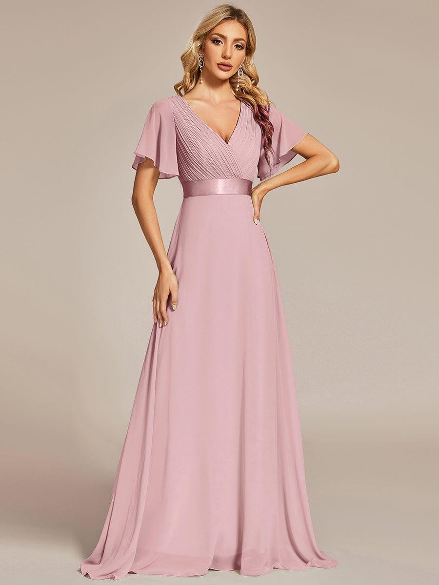 Long Empire Waist Evening Dress with Short Flutter Sleeves #color_Dusty Rose