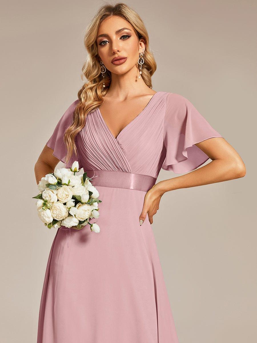 Long Chiffon Empire Waist Bridesmaid Dress with Short Flutter Sleeves #color_Dusty Rose