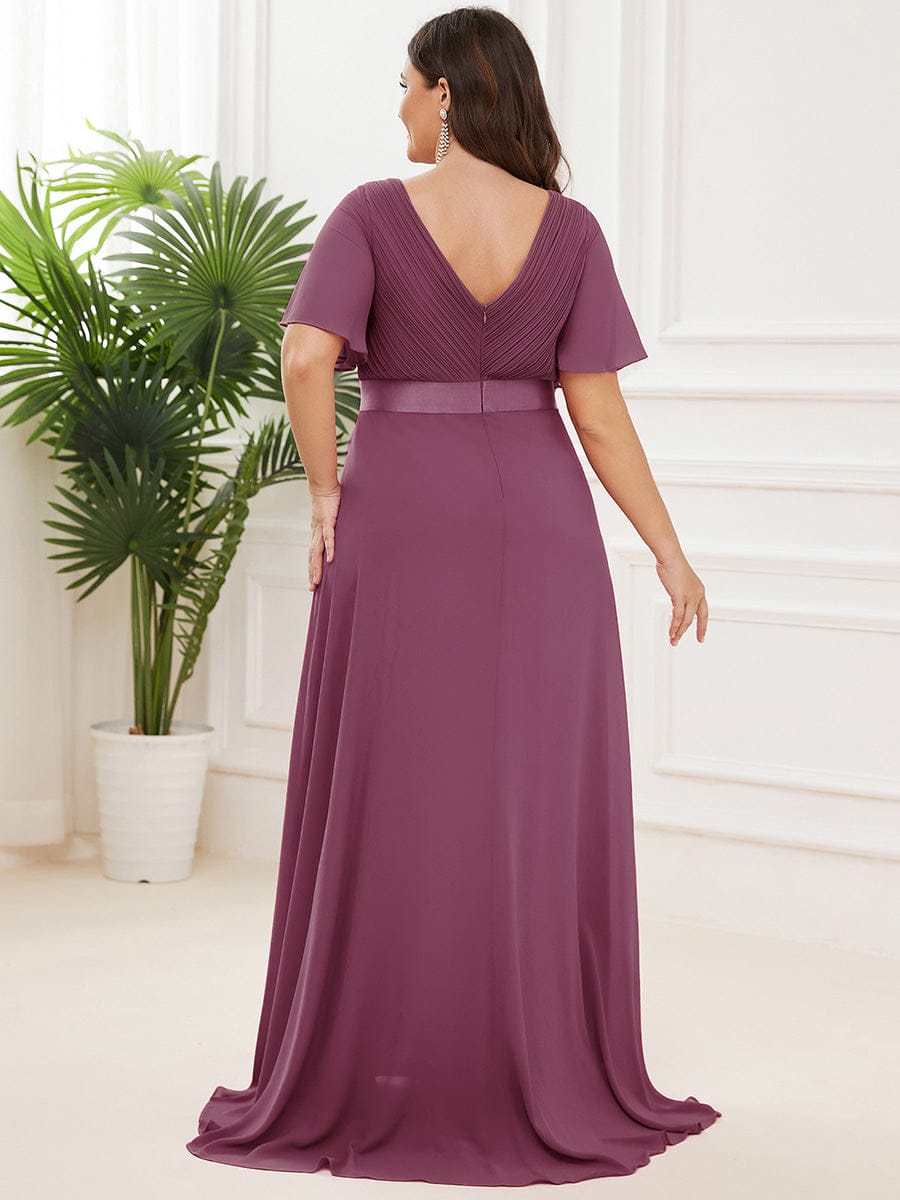 Plus Size Long Empire Waist Evening Dress With Short Flutter Sleeves #color_Damson