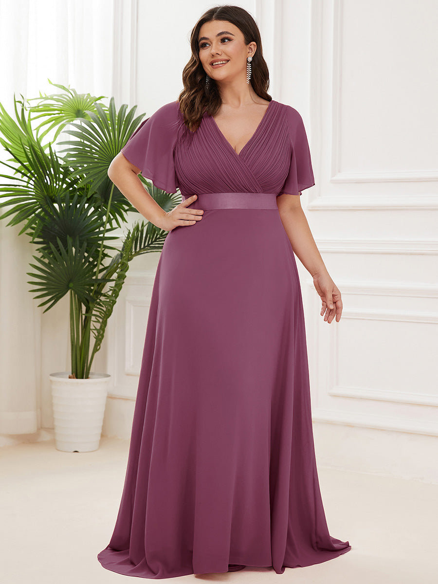 Plus Size Long Empire Waist Evening Dress With Short Flutter Sleeves #color_Damson