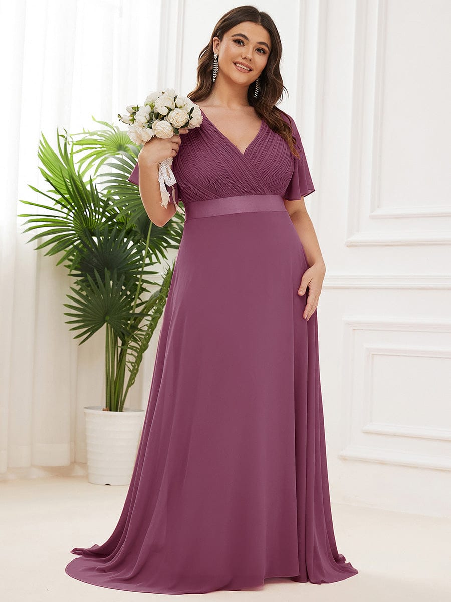 Plus Size Long Empire Waist Evening Dress With Short Flutter Sleeves #color_Damson