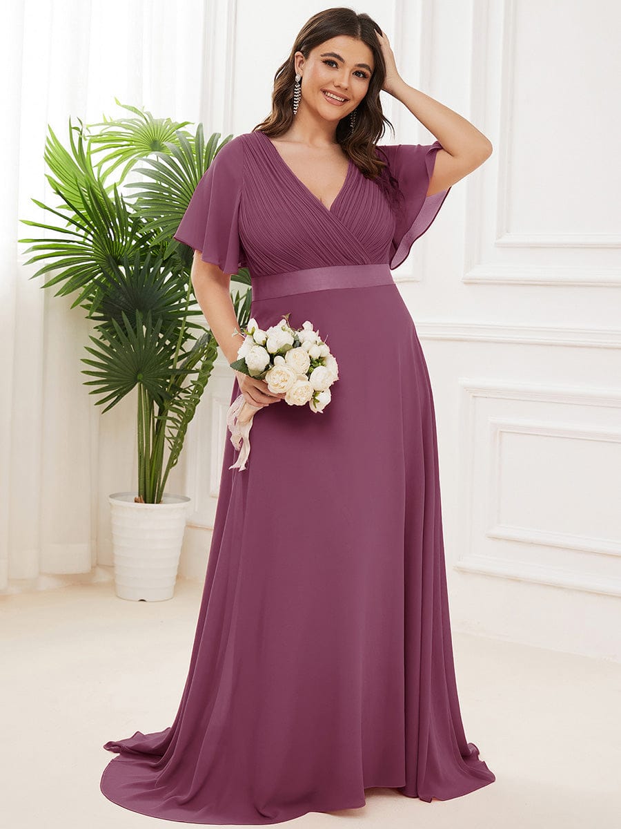 Plus Size Long Empire Waist Evening Dress With Short Flutter Sleeves #color_Damson