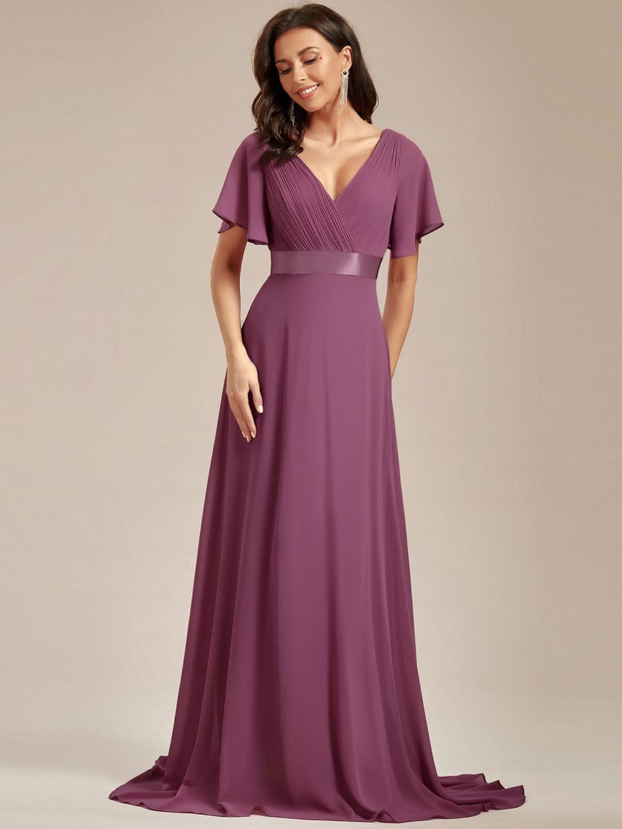 Long Empire Waist Evening Dress with Short Flutter Sleeves #color_Damson