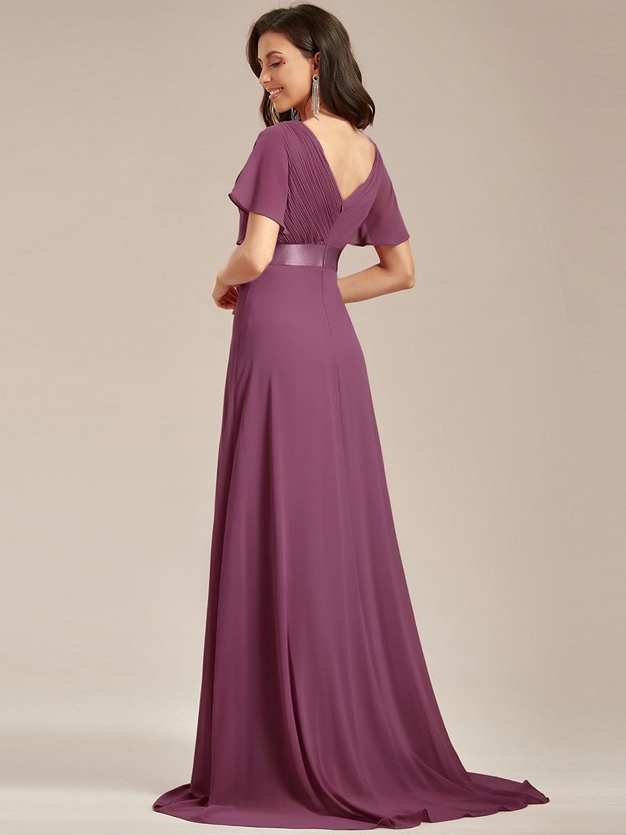 Long Empire Waist Evening Dress with Short Flutter Sleeves #color_Damson