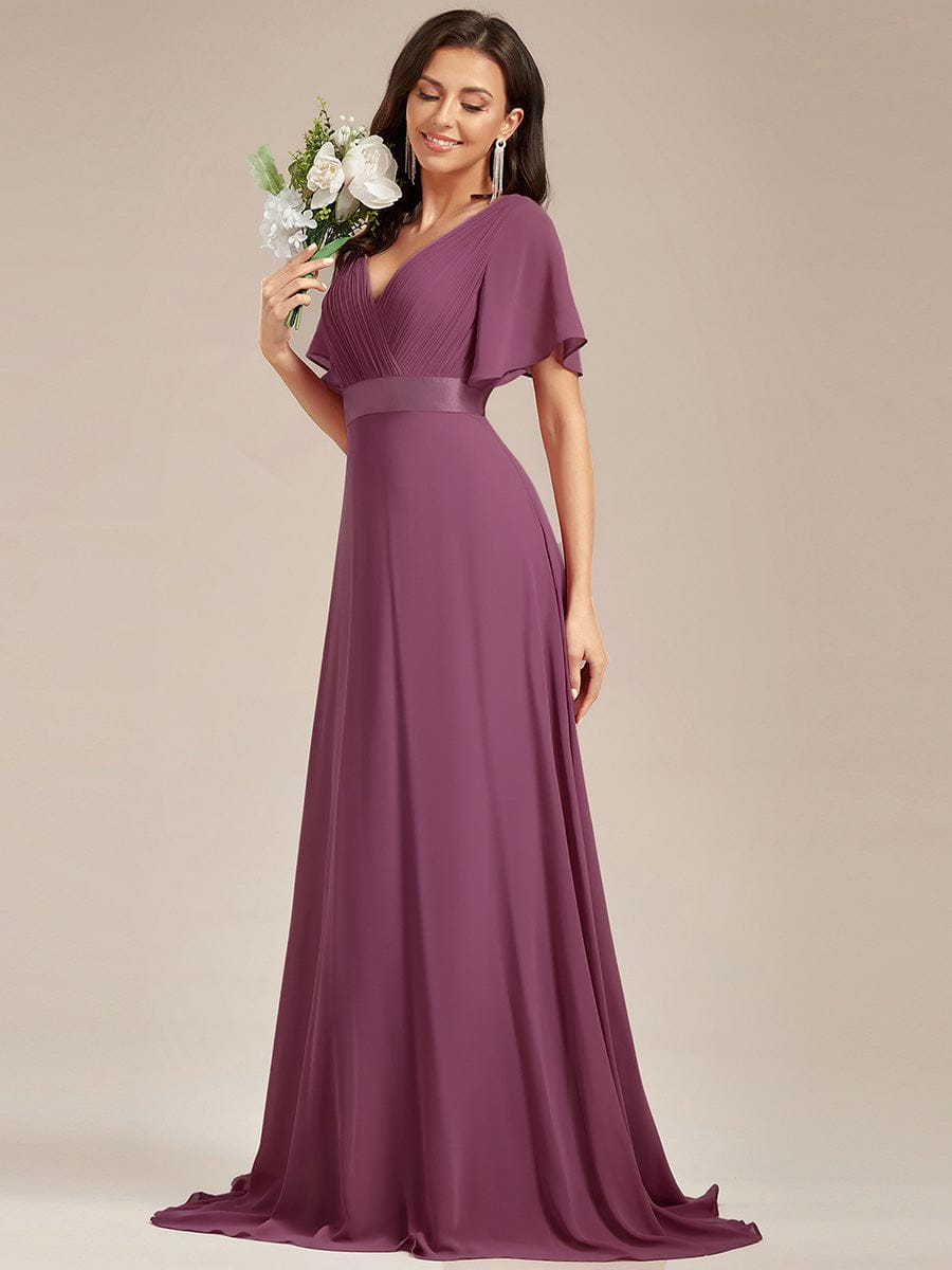 Long Empire Waist Evening Dress with Short Flutter Sleeves #color_Damson