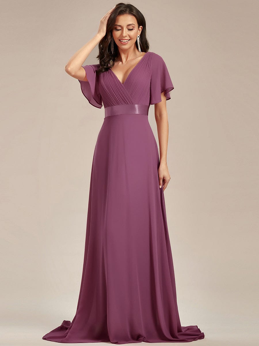 Long Empire Waist Evening Dress with Short Flutter Sleeves #color_Damson