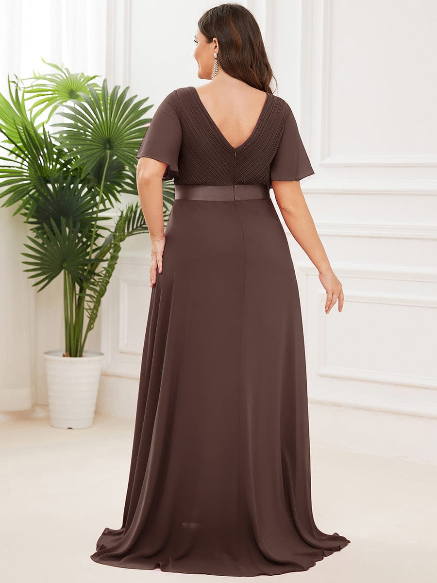 Plus Size Long Empire Waist Evening Dress With Short Flutter Sleeves #color_Espresso