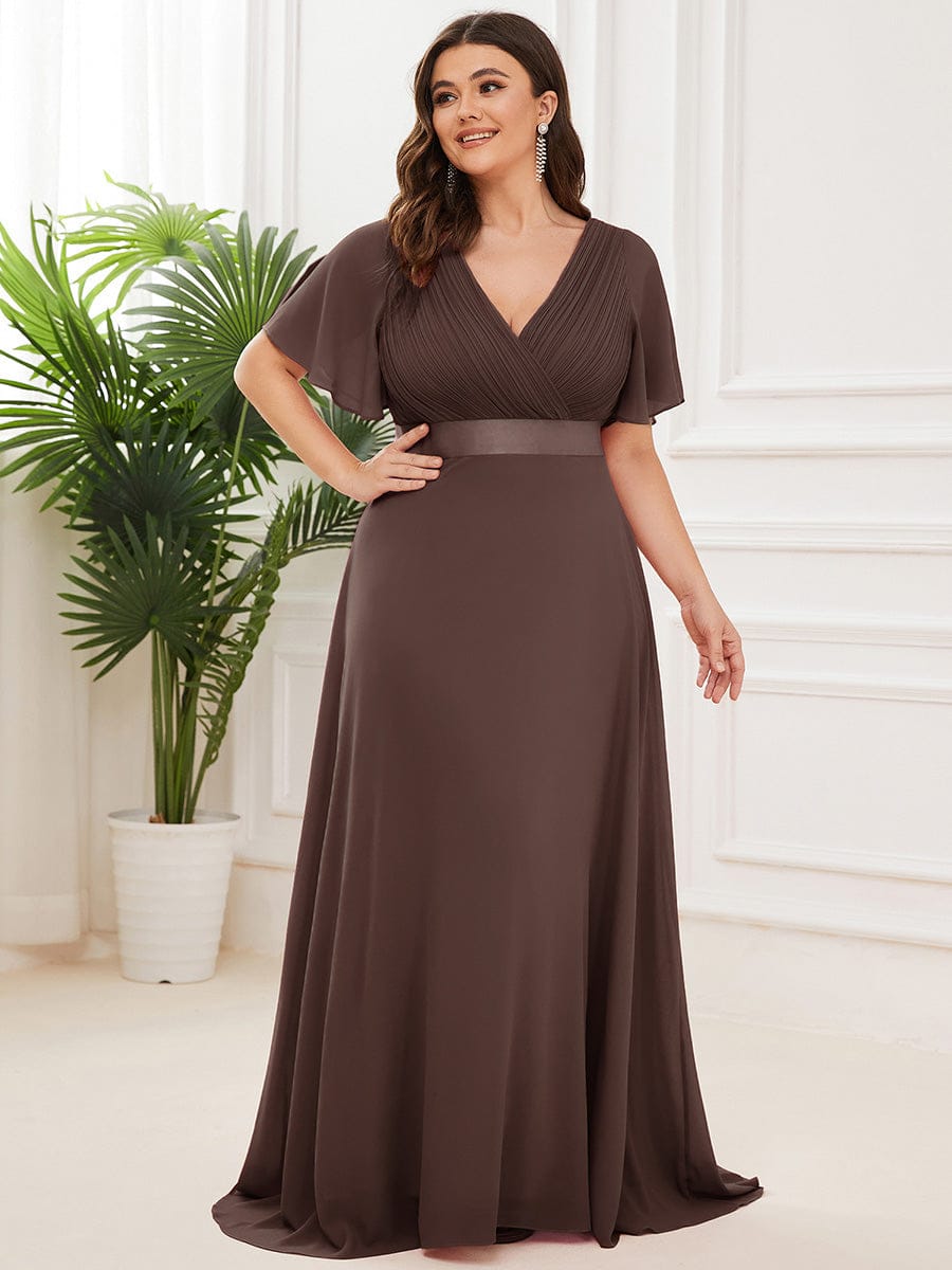 Plus Size Long Empire Waist Evening Dress With Short Flutter Sleeves #color_Espresso