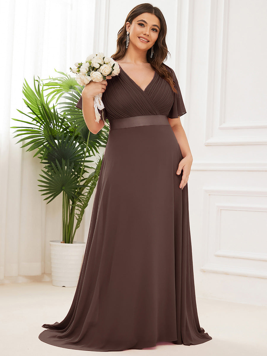 Plus Size Long Empire Waist Evening Dress With Short Flutter Sleeves #color_Espresso