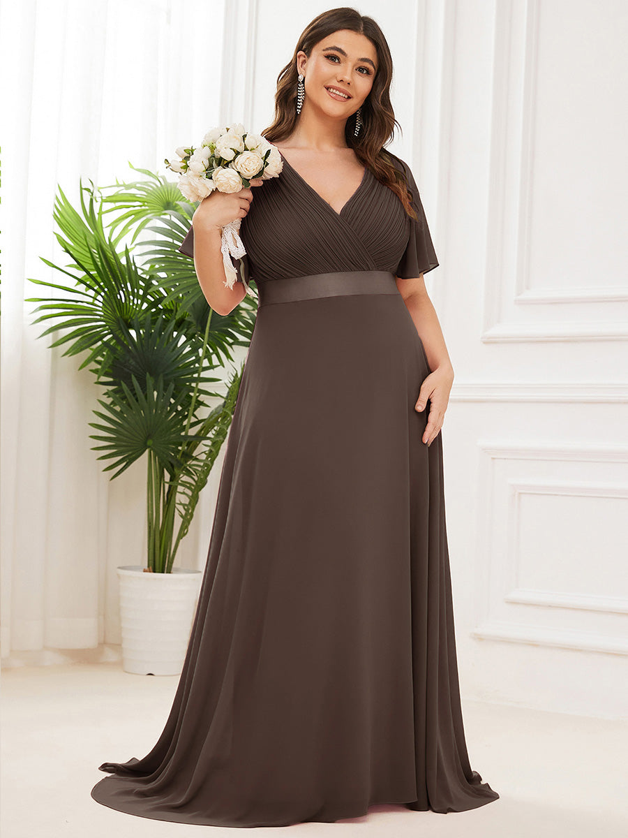 Long Empire Waist Evening Dress with Short Flutter Sleeves #color_Espresso