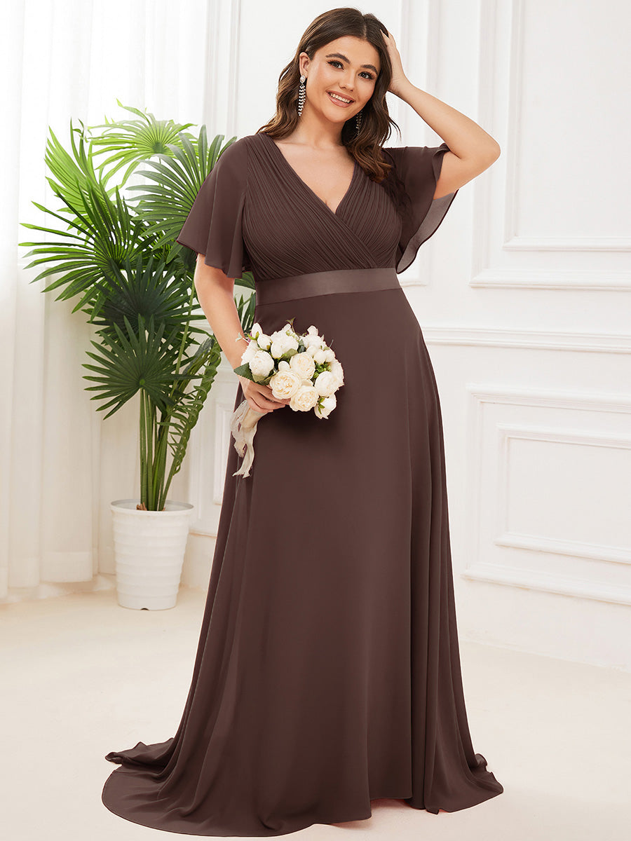 Plus Size Long Empire Waist Evening Dress With Short Flutter Sleeves #color_Espresso