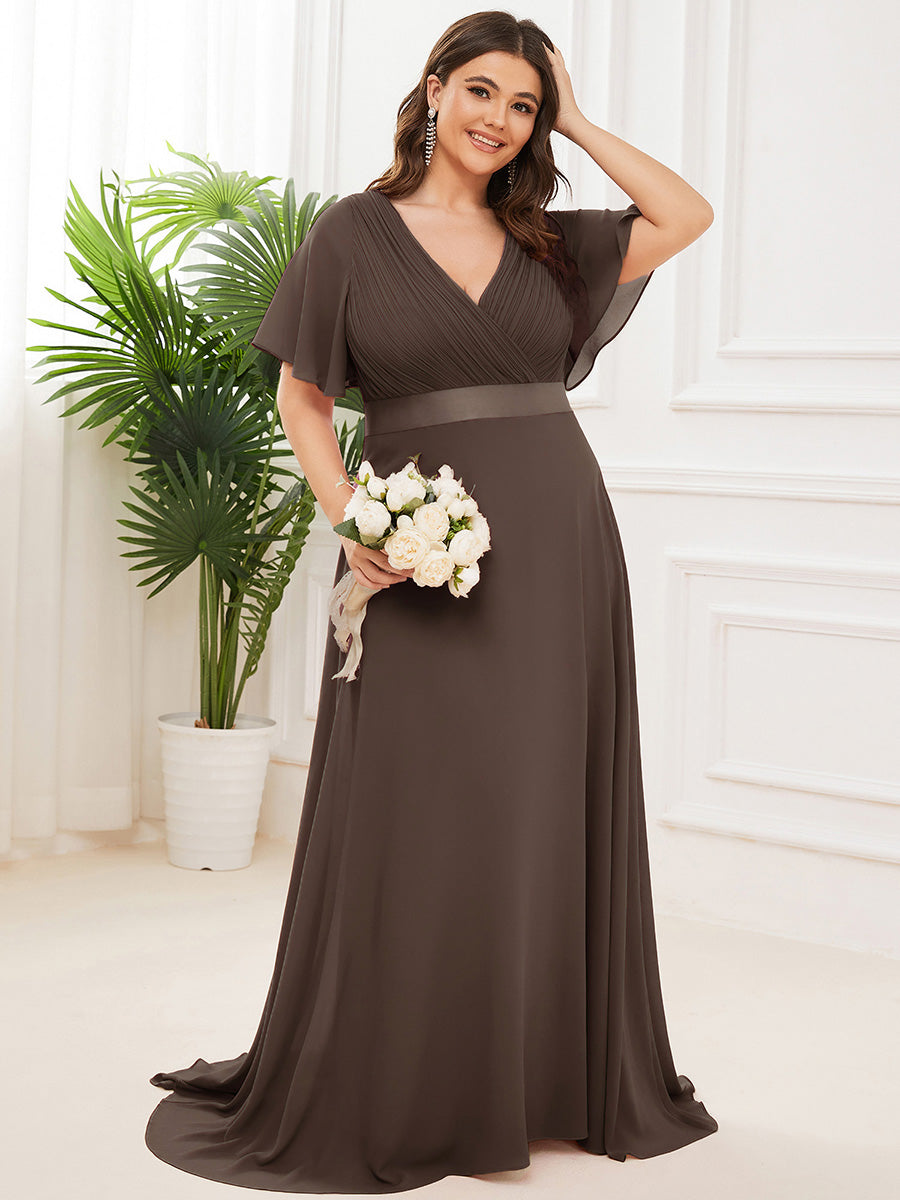 Plus Size Long Empire Waist Evening Dress With Short Flutter Sleeves #color_Espresso