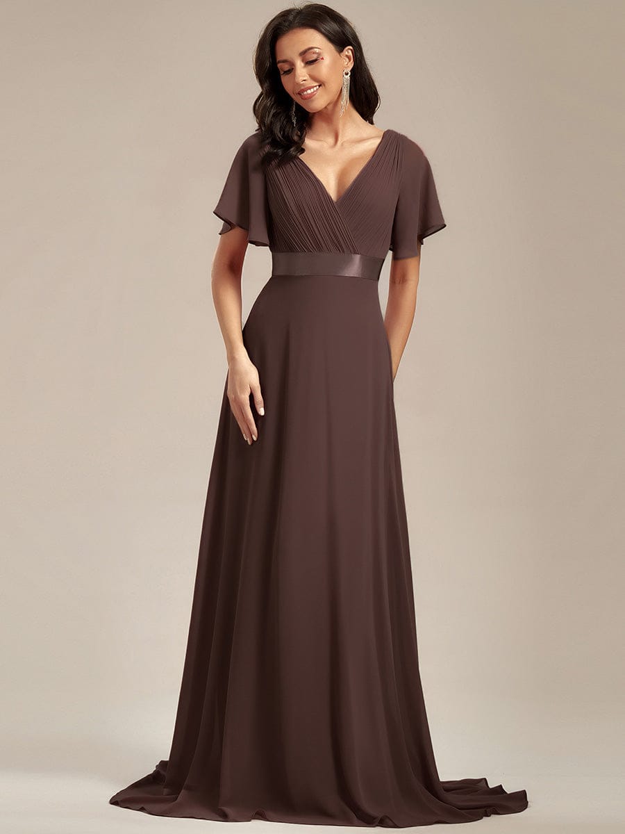 Long Empire Waist Evening Dress with Short Flutter Sleeves #color_Espresso