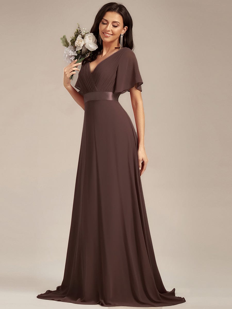 Long Empire Waist Evening Dress with Short Flutter Sleeves #color_Espresso