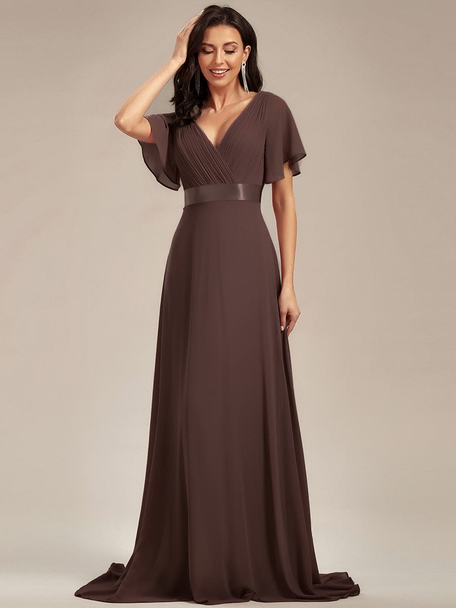 Long Empire Waist Evening Dress with Short Flutter Sleeves #color_Espresso
