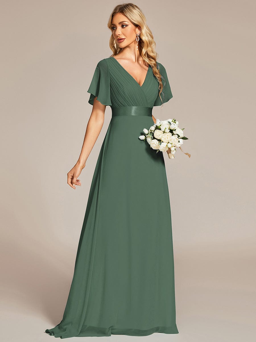 Long Empire Waist Evening Dress with Short Flutter Sleeves #color_Eucalyptus