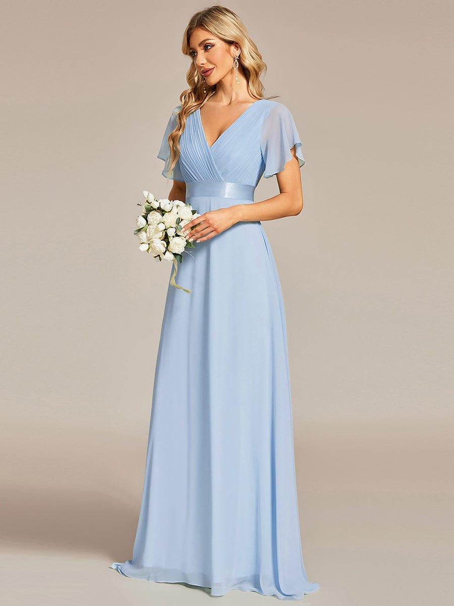 Long Empire Waist Evening Dress with Short Flutter Sleeves #color_Ice Blue