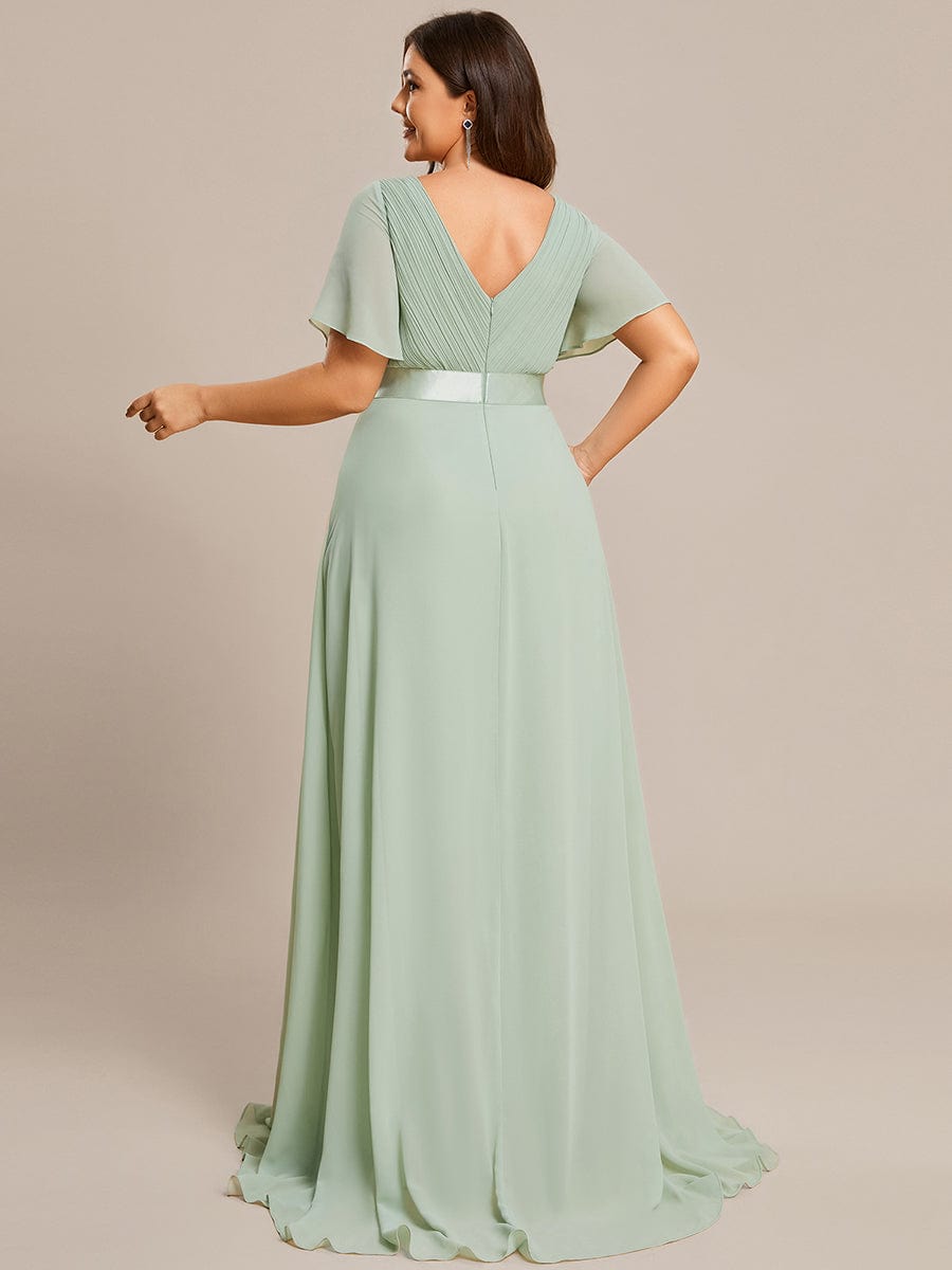 Plus Size Long Empire Waist Evening Dress With Short Flutter Sleeves #color_Mint Green