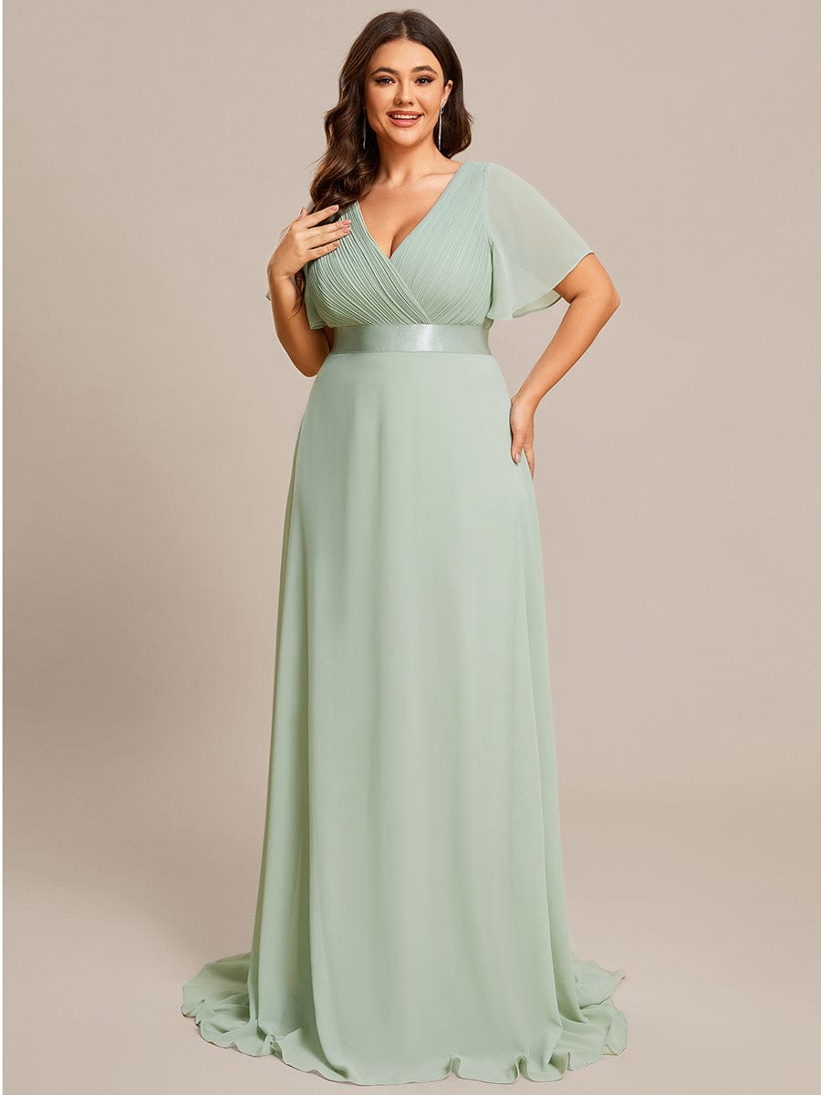 Plus Size Long Empire Waist Evening Dress With Short Flutter Sleeves #color_Mint Green