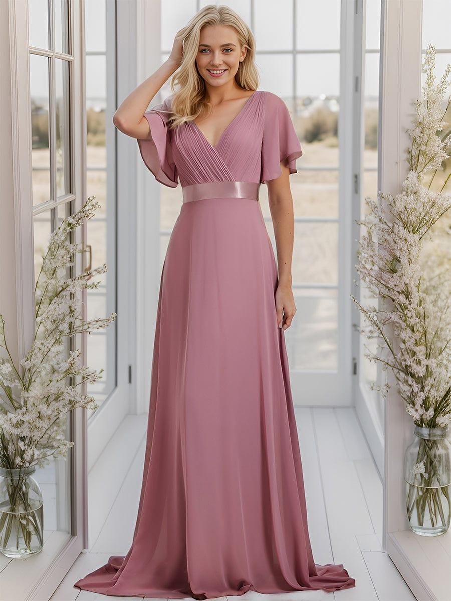 Long Empire Waist Evening Dress with Short Flutter Sleeves #color_Purple Orchid