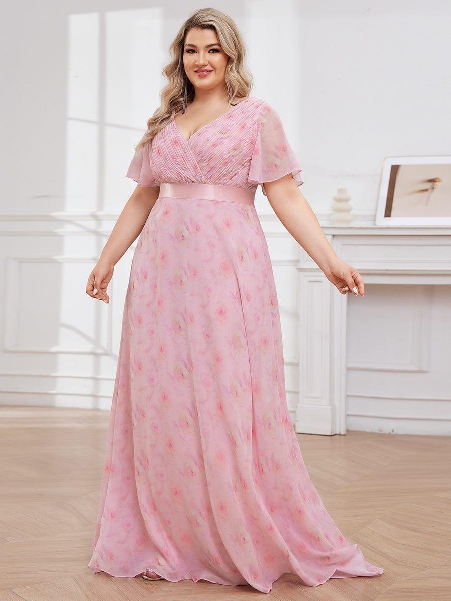 Plus Size Long Empire Waist Evening Dress With Short Flutter Sleeves #color_Light Purple Roses