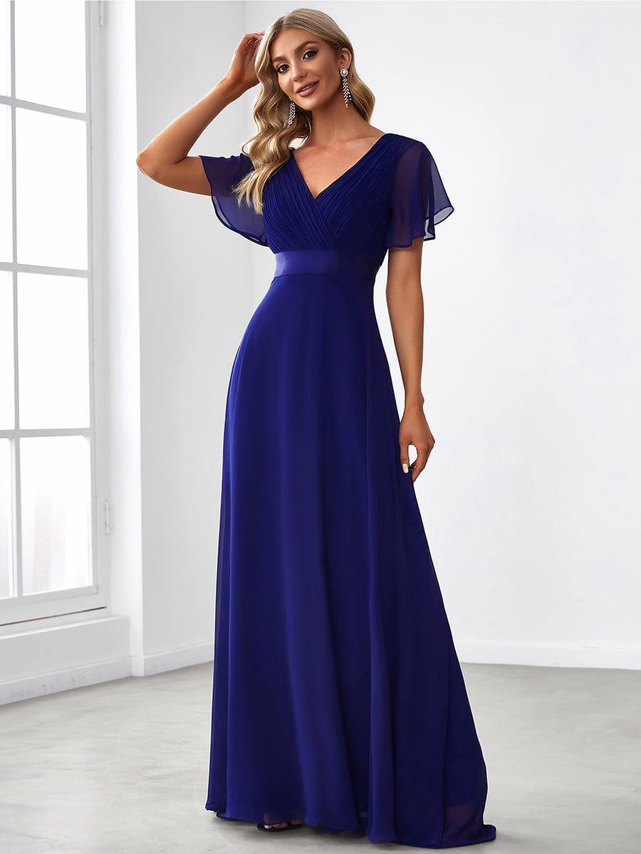 Long Chiffon Empire Waist Bridesmaid Dress with Short Flutter Sleeves #color_Royal Blue